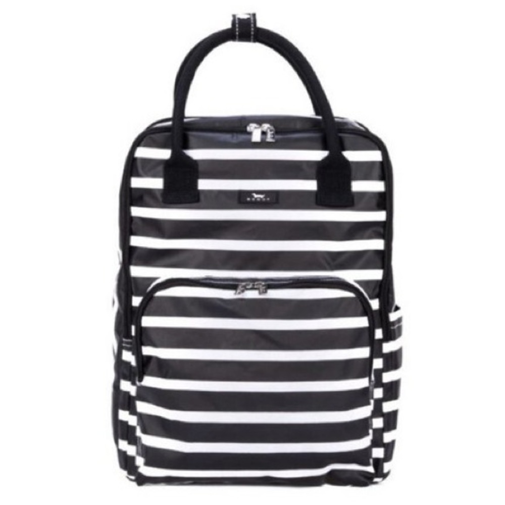 SCOUT Bags The Gogo Backpack Tote in a black and white striped pattern.